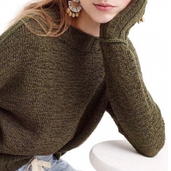 J. Crew Sz L Olive Green Wide-Rib Crewneck Sweater Cropped Heathered Knit Cotton - Picture 1 of 16